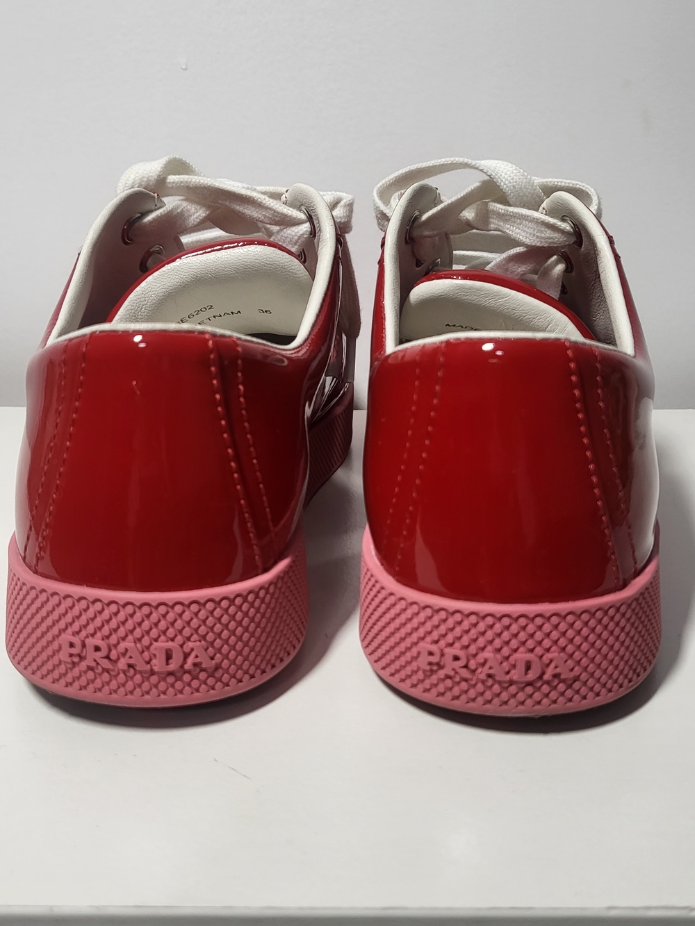 Prada Women's Red Patent Sneakers with Pink Toe Cap - Picture 3 of 10